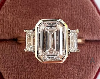 Emerald Three Stone Diamond Ring | Lab Grown Trilogy Engagement Ring in Solid Gold | Anniversary Gift for Her