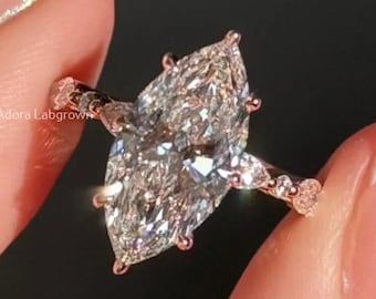 Marquise Lab Grown Diamond Engagement Ring: Marquise & Round Side Stones