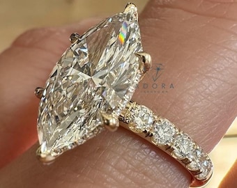 5.00ct Marquise Lab Grown Diamond Engagement Ring • Hidden Halo Pave Band • Gold Luxury Bridal Ring • Ethical Fine Jewelry