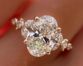 Oval Cut Lab Grown Diamond Ring 3 CT, Marquise Side Stone Engagement Ring, Floral Gold Ring, Unique Vintage Style Proposal Ring