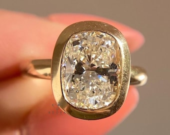 2 Carat Elongated Cushion Cut Lab Grown Diamond Bezel Ring | IGI Certified | 14K Yellow Gold Engagement Ring