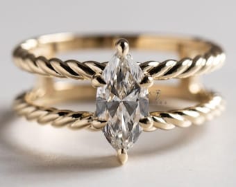 1 Carat Marquise Lab Grown Diamond Engagement Ring, 18K Yellow Gold Twisted Double Band