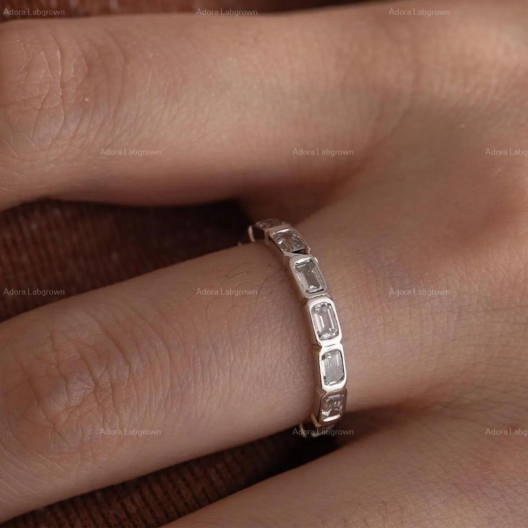 East West Emerald Cut Lab Grown Diamond Bezel Set Wedding Band Band ...