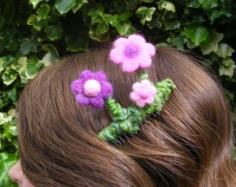 Needle Felted Hair Comb - Pink and Purple Flowers