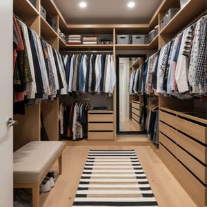 May include: A spacious walk-in wardrobe with light wood fittings and hanging clothes. A bench with a neutral cushion is positioned near the entrance. A striped rug in black, white, and beige runs down the centre.