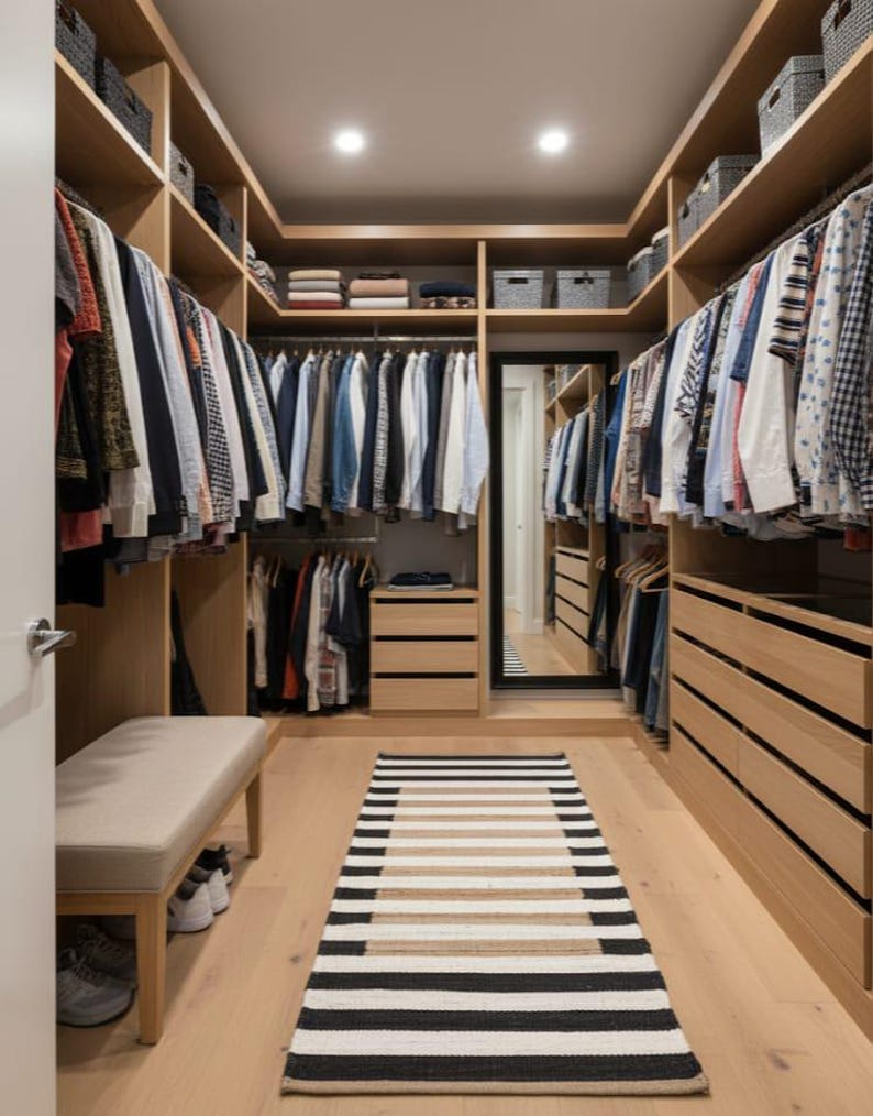 May include: A spacious walk-in wardrobe with light wood fittings and hanging clothes. A bench with a neutral cushion is positioned near the entrance. A striped rug in black, white, and beige runs down the centre.