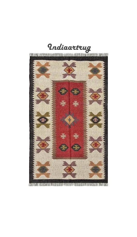 Handwoven Wool Jute Kilim Rug: Indian Dhurrie, Boho Decor