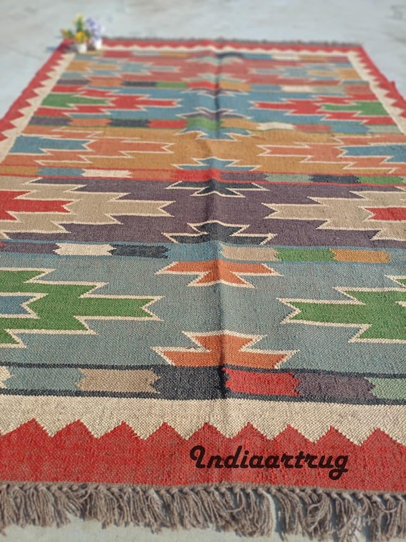 Handwoven Wool Jute Kilim Rug: Bohemian Southwestern Decor