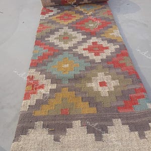 Handwoven Kilim Runner Rug, Handmade Wool Jute Carpet, Oriental Traditional Hallway, Stair Décor