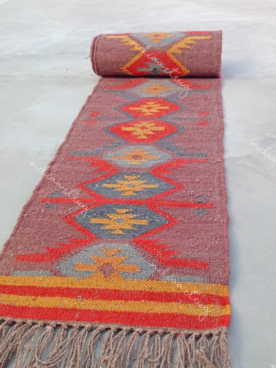 Handwoven Wool Jute Kilim Runner: Bohemian Hallway Rug