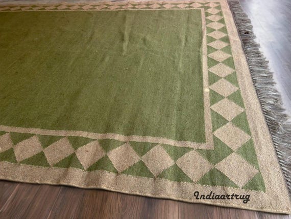 Handmade Kilim Wool Jute Rug: Vintage Dhurrie Carpet