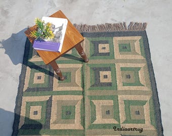 Handwoven Wool Jute Kilim Rug: Bohemian Geometric Decor