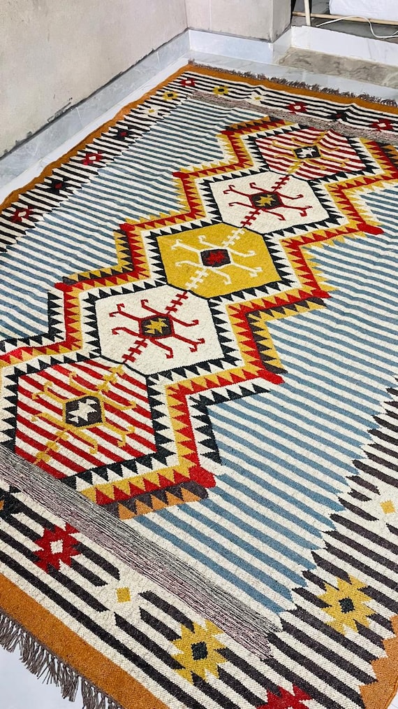 Handwoven Wool Jute Kilim Rug: Vintage Bohemian Area Rug
