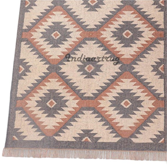 Handmade Jute Kilim Checkerboard Rug – Custom Checkered Dhurrie Area Runner, Durable Home Decor Carpet