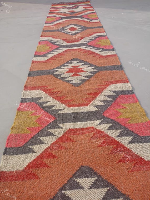 Handwoven Wool Jute Kilim Runner Rug - Geometric Indian Design