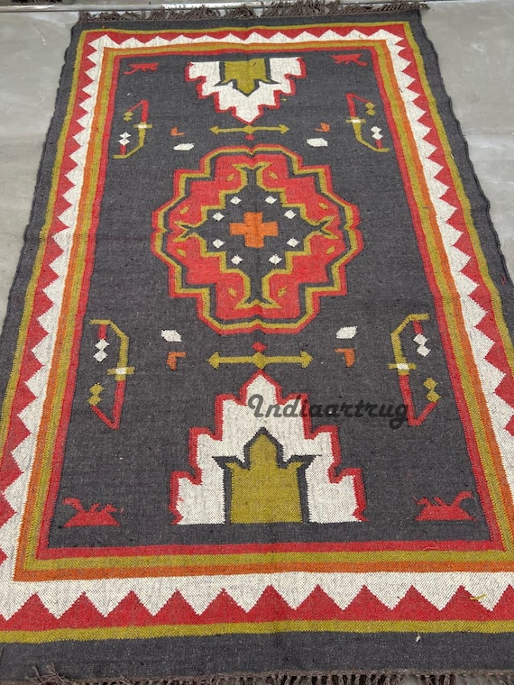 Handwoven Wool Jute Kilim Rug: Indian Dhurrie 5x12