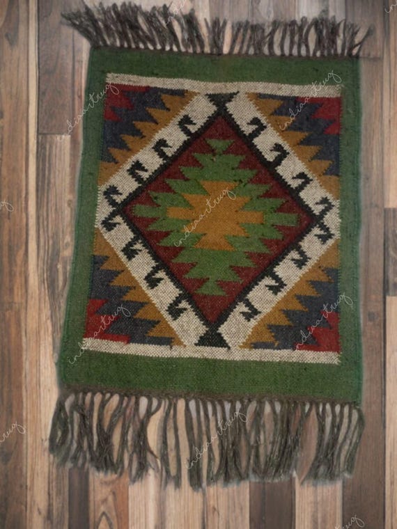 Handwoven Wool Jute Kilim Rug: Geometric Dhurrie with Fringes