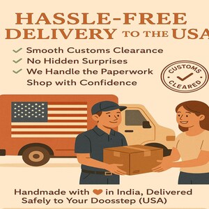 May include: An illustration depicting a delivery scene with a truck, a person in uniform handing a package to another person. The American flag is on the truck. Text reads "Hassle-Free Delivery to the USA".