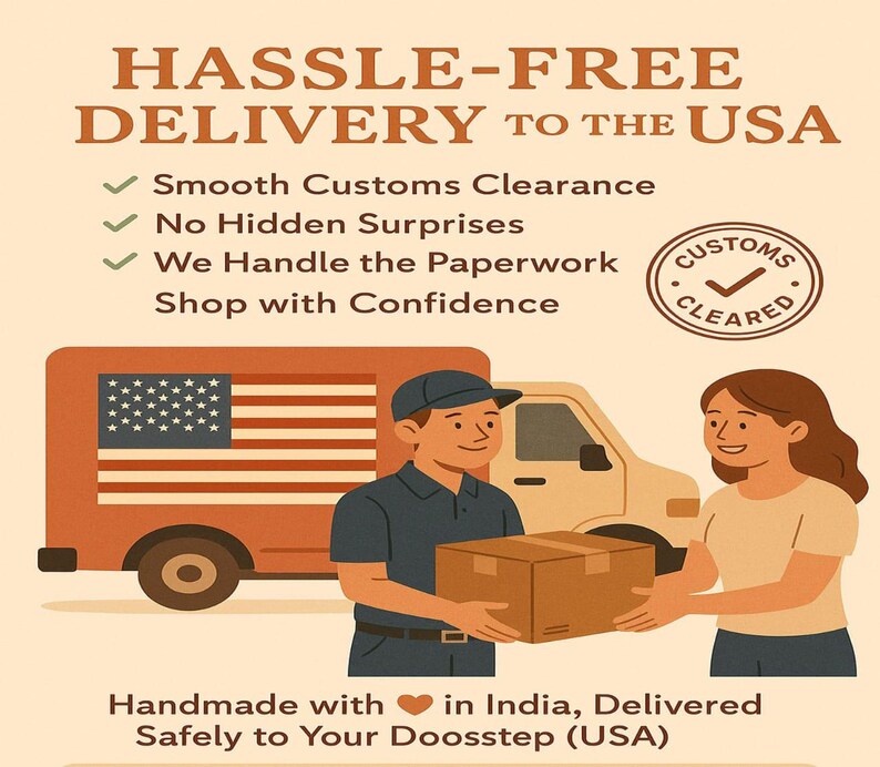 May include: An illustration depicting a delivery scene with a truck, a person in uniform handing a package to another person. The American flag is on the truck. Text reads "Hassle-Free Delivery to the USA".