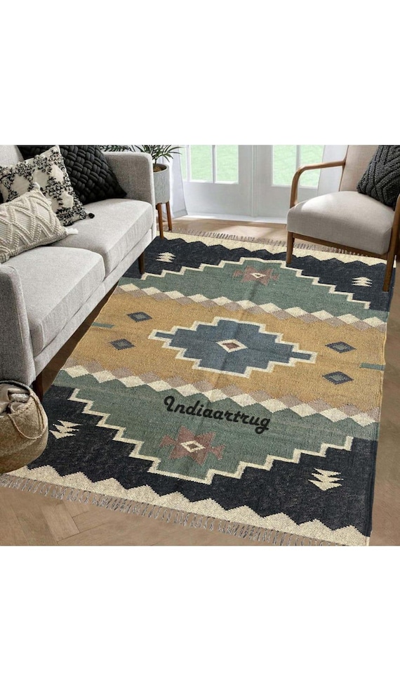Handwoven Wool Jute Kilim Rug: Rustic Bohemian Nordic Design