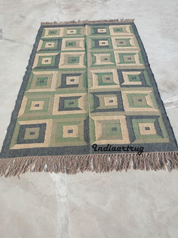 Handwoven Wool Jute Kilim Rug: Bohemian Southwestern Decor