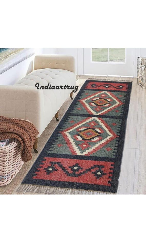 Kilim runner Handwoven Wool Jute Rug Handmade Kilim Dhurrie Rug, Motifs Oriental Traditional Indian Geometric Turkish Home decor
