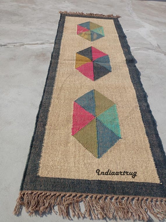 Kilim Rug, Handwoven, Wool and Jute Rug Handmade, Kilim Dhurrie Rug, Traditional Indian/WOOL JUTE RUGS