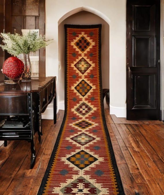Handmade Wool Jute Kilim Rug: Blue & Yellow Indian Design