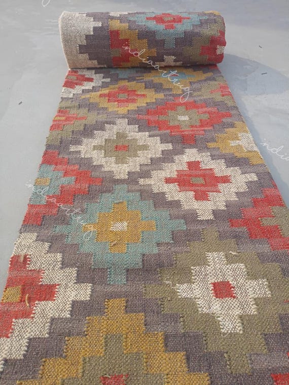 Handwoven Wool Jute Kilim Runner Rug: Bohemian Vintage Style, 5x8 ft