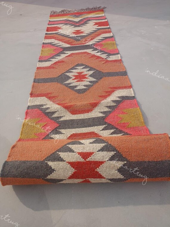Handwoven Wool Jute Kilim Runner Rug - Geometric Indian Design