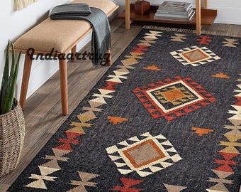 Handwoven Wool Jute Kilim Runner Rug,Modern Geometric Design Dhurrie Rug,Vintage Southwestern Runner-Rug