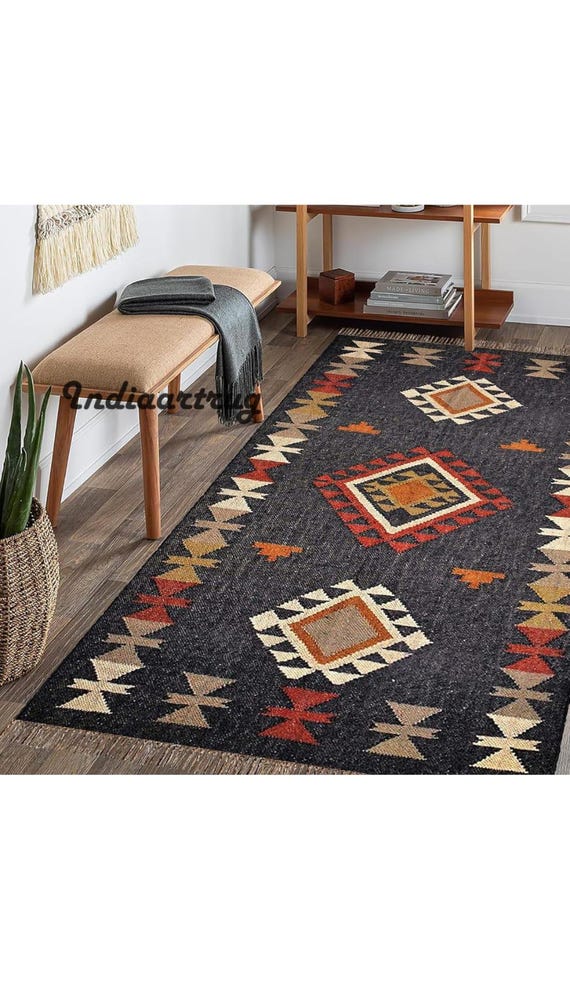 Handwoven Wool Jute Kilim Rug: Indian Dhurrie Area Rug