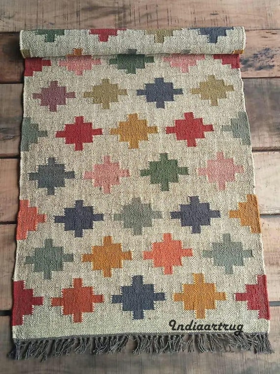 Kilim Rug, Handwoven, Wool and Jute Rug Handmade, Kilim Dhurrie Rug, Traditional Indian/WOOL JUTE RUGS