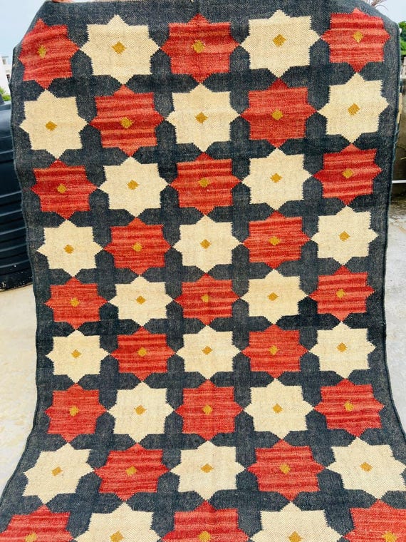 Handwoven Wool Jute Kilim Runner Rug, Traditional Indian Design