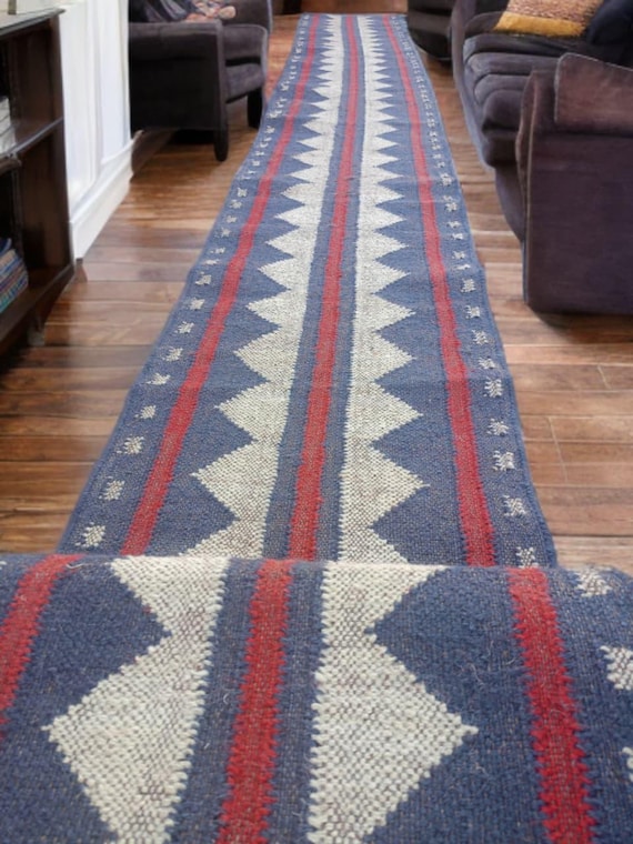 Handwoven Wool Jute Kilim Runner: Bohemian Staircase Rug