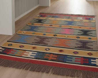 Tapete Kilim de lã e juta tecido à mão: Decoração Boho do Sudoeste