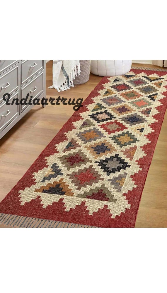 Kilim runner Handwoven Wool Jute Rug Handmade Kilim Dhurrie Rug, Motifs Oriental Traditional Indian Geometric Turkish Home decor