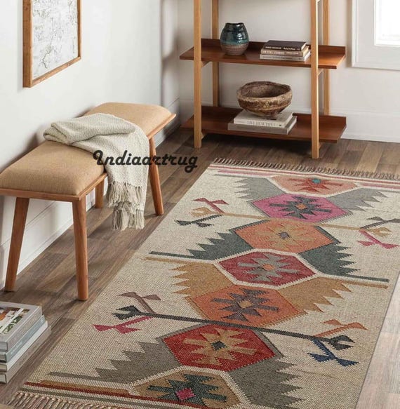 Handwoven Wool Jute Kilim Rug: Indian Dhurrie Area Rug