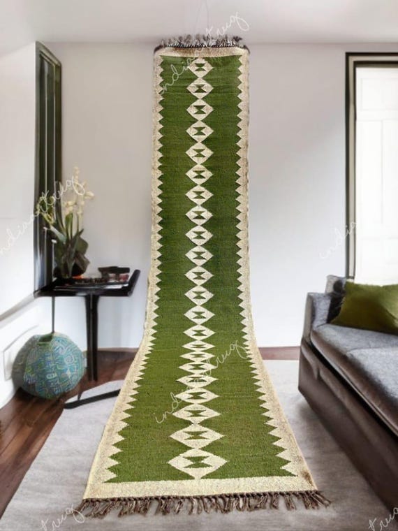 Handwoven Wool Jute Kilim Runner Rug: Bohemian Multi-Color
