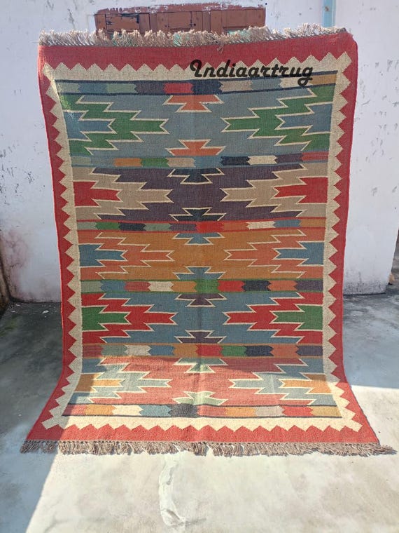 Handwoven Wool Jute Kilim Rug: Bohemian Southwestern Decor