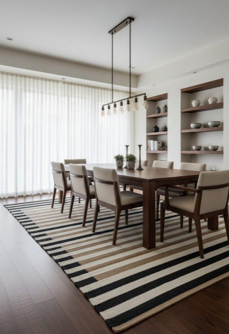 May include: A dining room featuring a dark wood table and six chairs. A rug with black, beige, and cream stripes lies beneath the table. A light fixture with exposed bulbs hangs above. Shelves on the wall display decorative items. The room has a modern design.