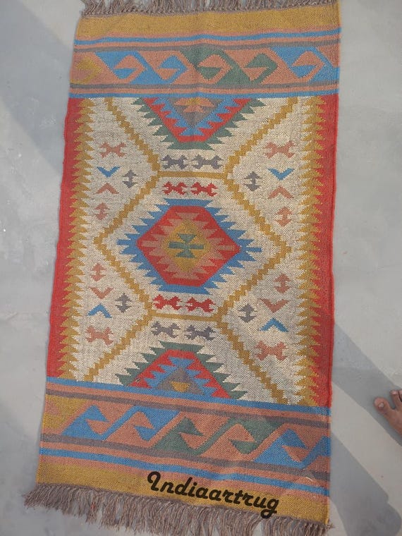 Handmade Navajo Kilim Rug, Aztec Rug, Accent Rug, Outdoor Rug/Indoor Rug, Living/Dinning Room 5X7 ft Indian Tribal Wool Jute Rug red Color