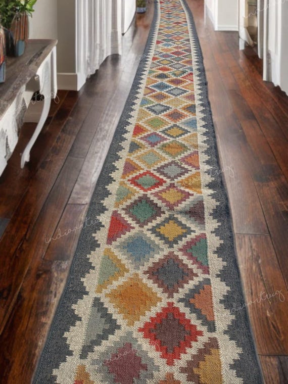 Handwoven Kilim Runner Rug: Wool Jute Blend, Bohemian Stair Decor (2x12 Ft)