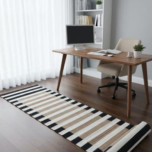 May include: A rolled runner rug featuring a geometric design of black, white, and beige stripes. The rug is positioned on a wooden floor in a home office setting, complementing the desk and chair.