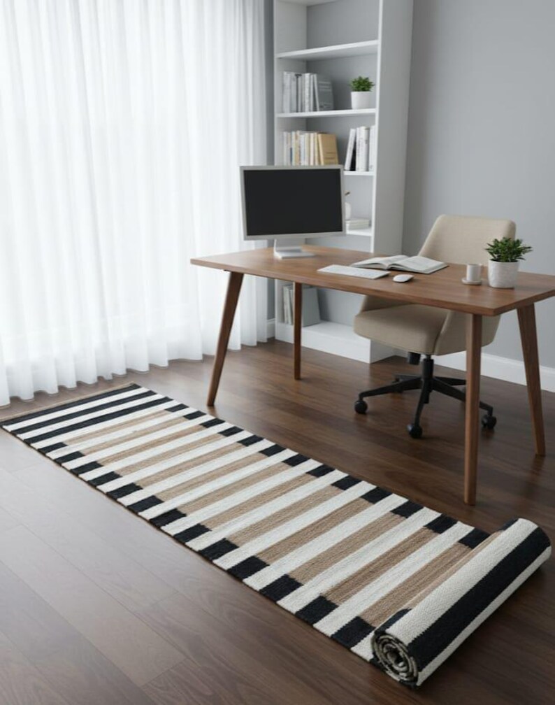 May include: A rolled runner rug featuring a geometric design of black, white, and beige stripes. The rug is positioned on a wooden floor in a home office setting, complementing the desk and chair.