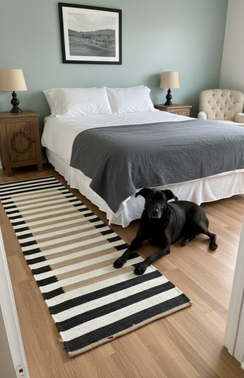 May include: A bedroom scene with a black dog lying on a wooden floor next to a striped rug. The rug has black, beige, and white stripes. A bed with white bedding and a grey blanket is in the background.