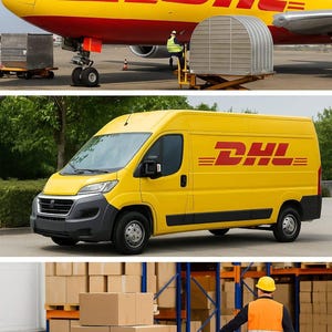 May include: An image featuring a yellow DHL aeroplane and van, both displaying the DHL logo in red. A warehouse scene shows a worker in a safety vest loading cargo. Cardboard boxes are stacked on pallets.