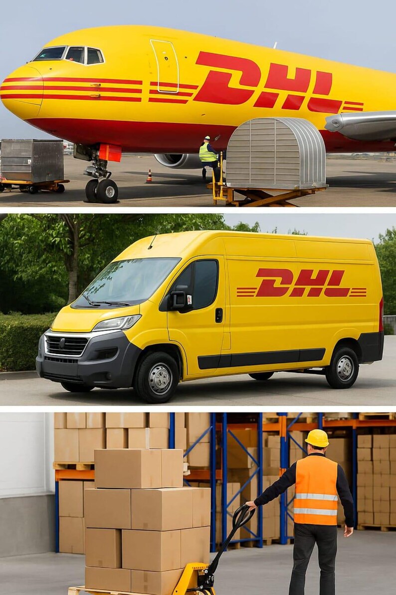 May include: An image featuring a yellow DHL aeroplane and van, both displaying the DHL logo in red. A warehouse scene shows a worker in a safety vest loading cargo. Cardboard boxes are stacked on pallets.