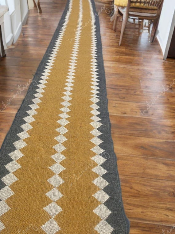 Wool Jute Kilim Runner Rug: Handwoven Bohemian Hallway Stair Decor