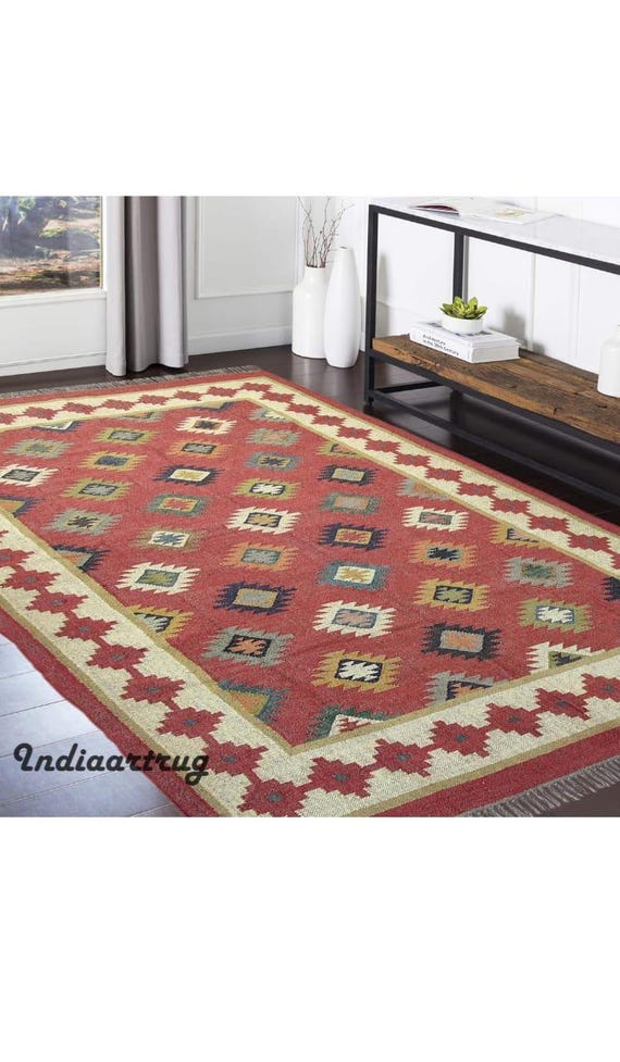 Handwoven Wool Jute Kilim Rug: Indian Dhurrie, Boho Decor